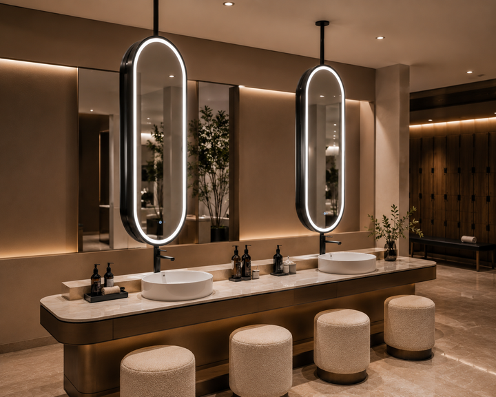 STOCK READY TO SHIP-PARIS 2- Black Oval Double Sided Ceiling Mounted Oval Mirror Bathroom LED Mirrors