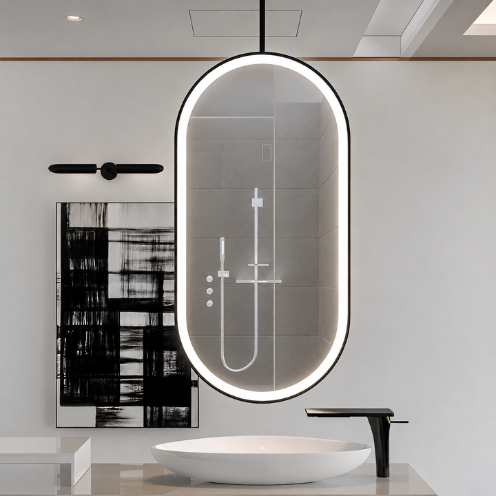 Custom-PARIS 1- Black Oval shape One Side Ceiling Mounted Oval Mirror Bathroom LED Sensor Full Length Mirror