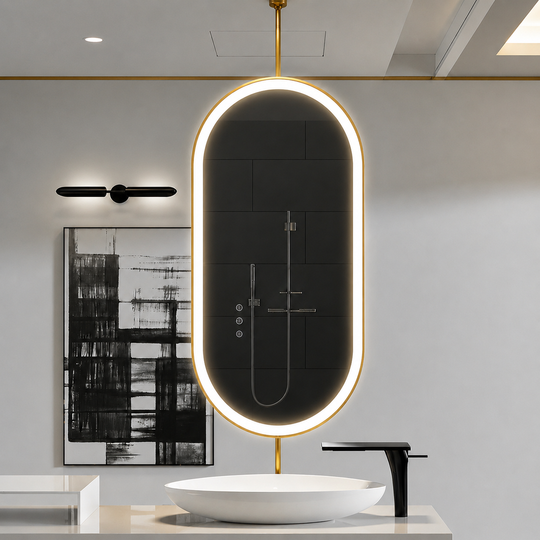 Custom-Double side Mirror-Brushed Gold-Oval Suspended Ceiling Mount Double Side LED Bathroom Mirror