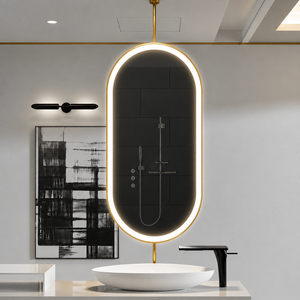 CUSTOM - Brushed Gold Oval One side Suspended Ceiling Mounted Bathroom LED Mirror
