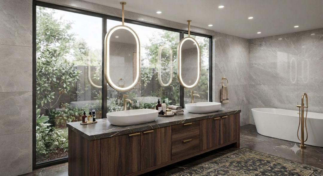 STOCK READY TO SHIP- Brushed Gold-Oval I side Mirrors Suspended Ceiling Mounted 24"x48"