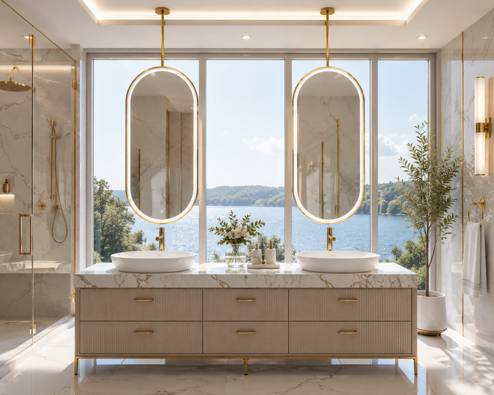 STOCK READY TO SHIP- Brushed Gold-Oval I side Mirrors Suspended Ceiling Mounted 24"x48"