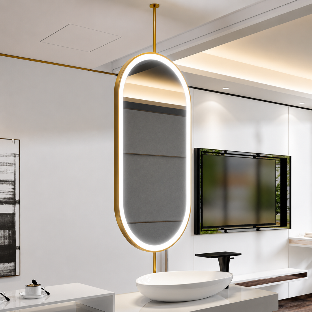 Custom-Double side Mirror-Brushed Gold-Oval Suspended Ceiling Mount Double Side LED Bathroom Mirror