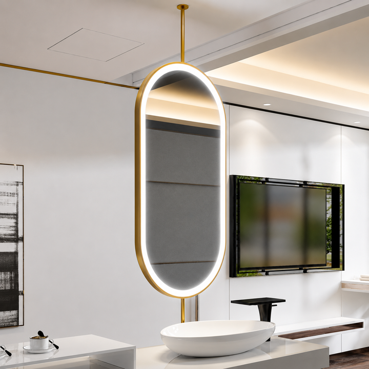 Custom-Double side Mirror-Brushed Gold-Oval Suspended Ceiling Mount Double Side LED Bathroom Mirror