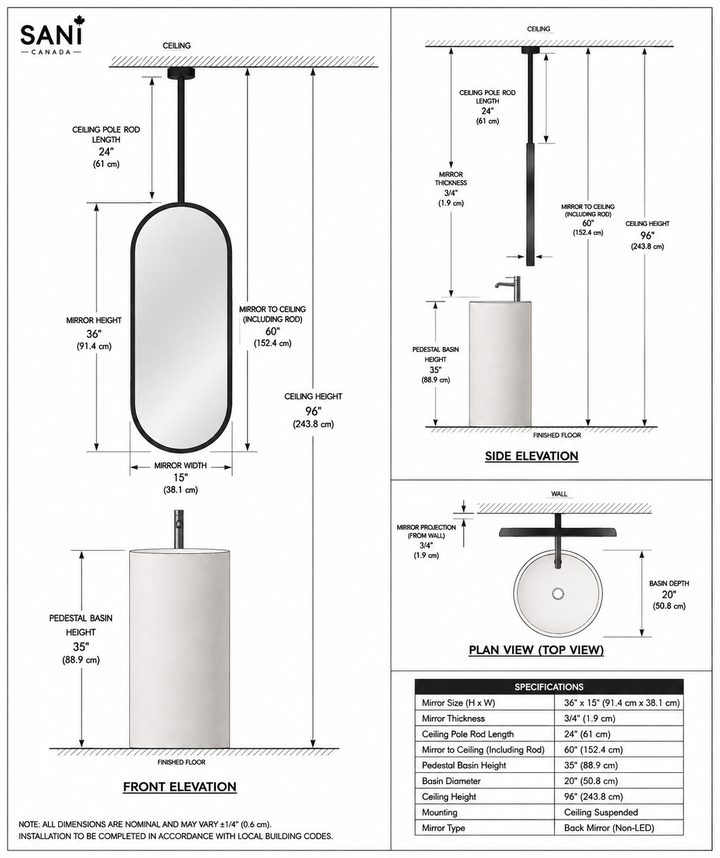 Stock Mirror -Black Oval Ceiling mounted suspendant mirror no led 15" x 36"