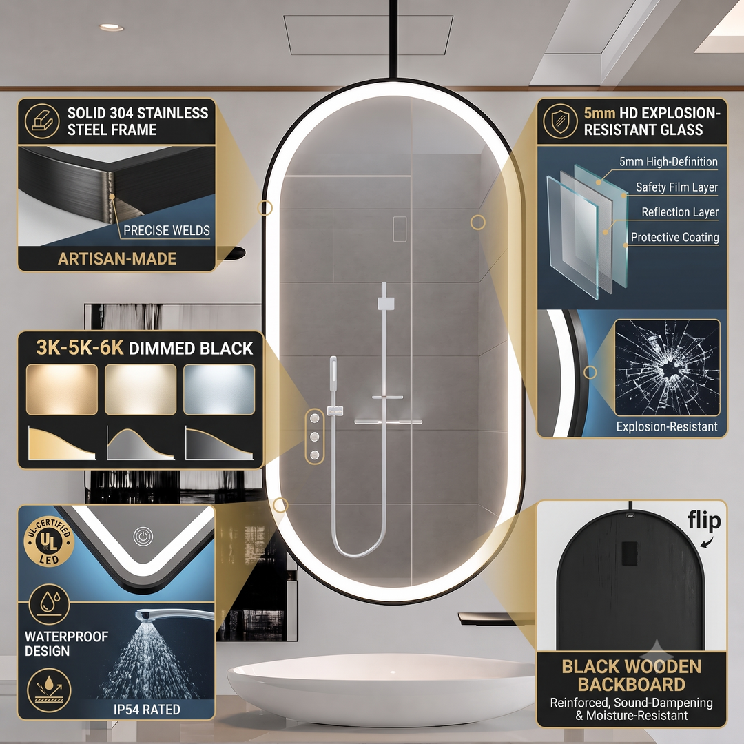 STOCK READY TO SHIP-PARIS Black- Oval -1 Side Ceiling Mounted Suspended LED Mirror