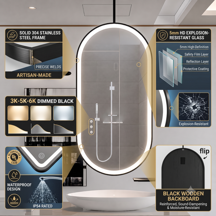 STOCK READY TO SHIP-PARIS Black- Oval -1 Side Ceiling Mounted Suspended LED Mirror