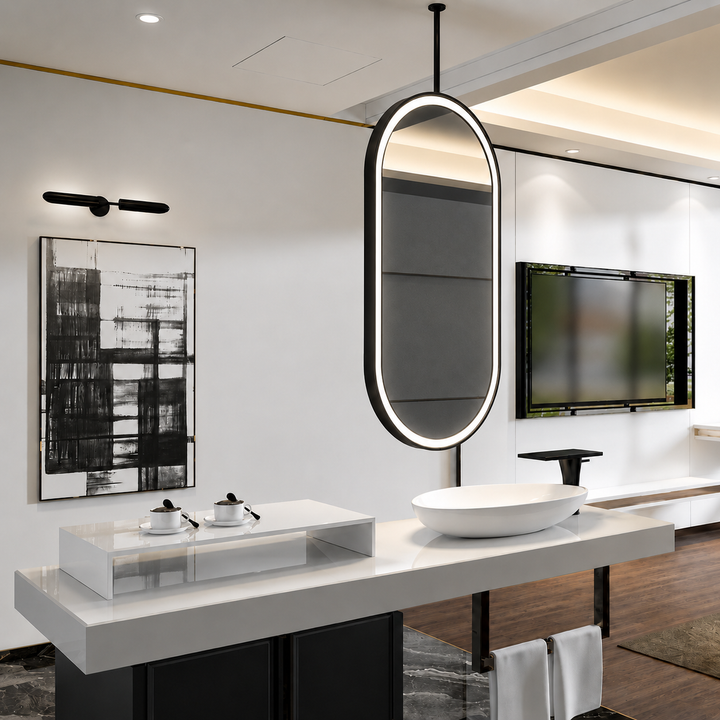 STOCK READY TO SHIP-PARIS 2- Black Oval Double Sided Ceiling Mounted Oval Mirror Bathroom LED Mirrors