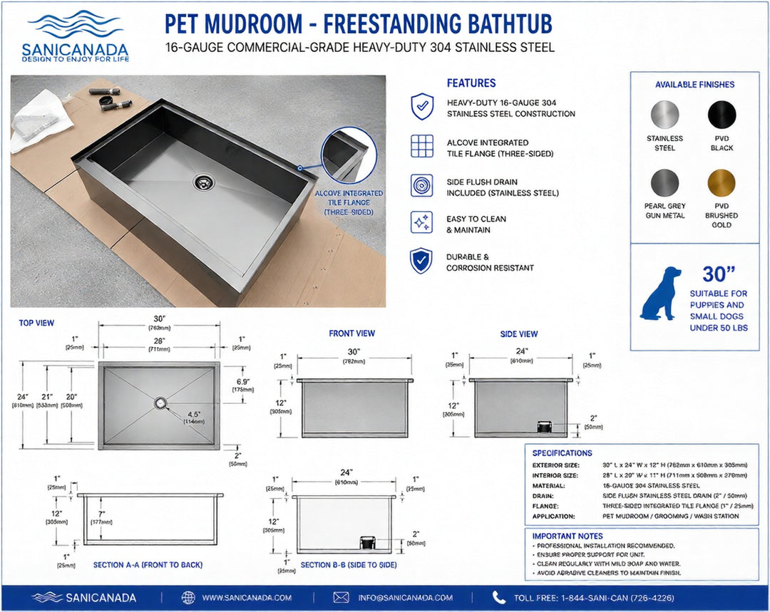 Black Pearl Grey Gun-Pet Dog Artisan made bathtub mudroom washing station 16 gauge commercial grade stainless steel