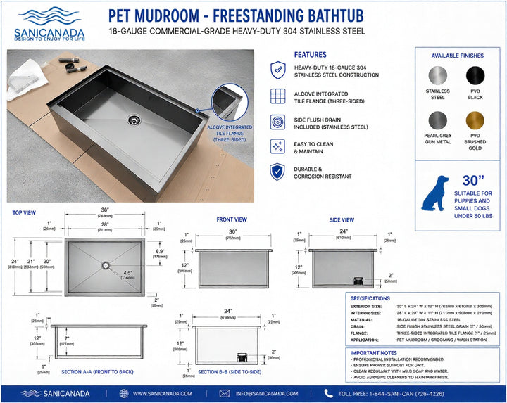 Black Pearl Grey Gun-Pet Dog Artisan made bathtub mudroom washing station 16 gauge commercial grade stainless steel