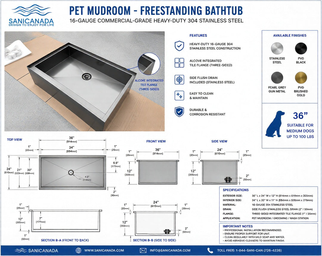Black Pearl Grey Gun-Pet Dog Artisan made bathtub mudroom washing station 16 gauge commercial grade stainless steel