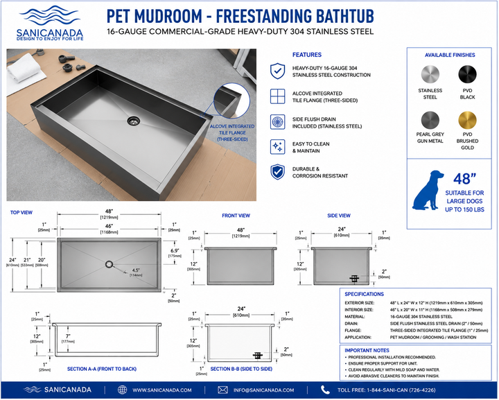 Black Pearl Grey Gun-Pet Dog Artisan made bathtub mudroom washing station 16 gauge commercial grade stainless steel