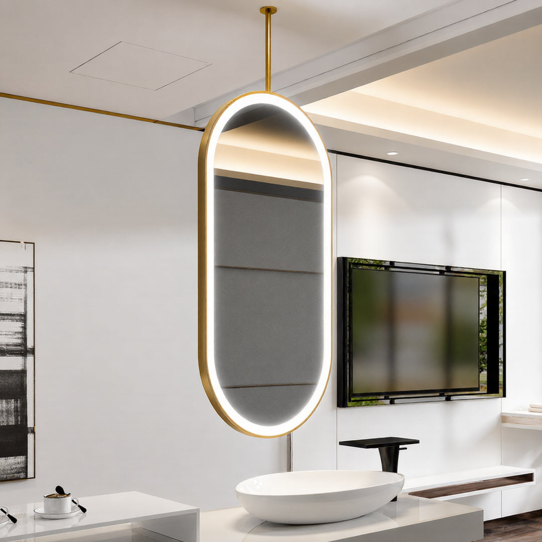 STOCK READY TO SHIP- Brushed Gold Oval Suspended Ceiling Mounted Bathroom  DOUBLE 2 Sided Glass  LED Mirror 20"x32"