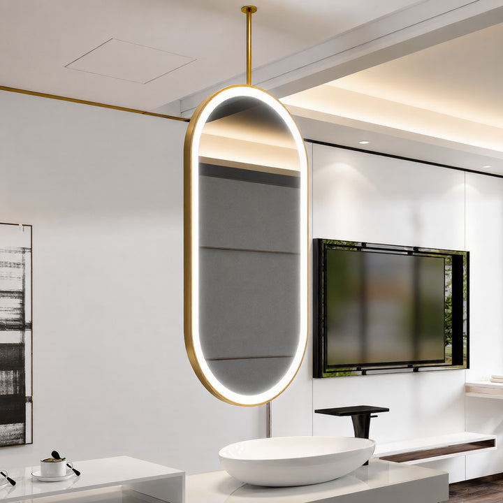 STOCK READY TO SHIP- Brushed Gold Oval Suspended Ceiling Mounted Bathroom  DOUBLE 2 Sided Glass  LED Mirror 20"x32"