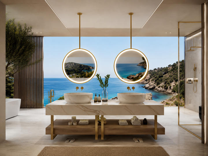 STOCK - Round Ceiling suspended brushed gold LED mirror 28"
