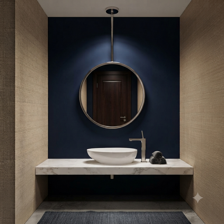 CUSTOM-ROMA - Round 1 Side Glass Suspended No LED Celing Mounted Pendant Bathroom Mirror