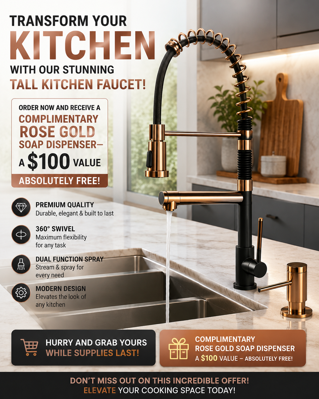 ROSA-Rose Gold/ Black Professional Chef Tall 26" Kitchen Faucet With Pot Filler Pull Out Hand Dual Sprayer