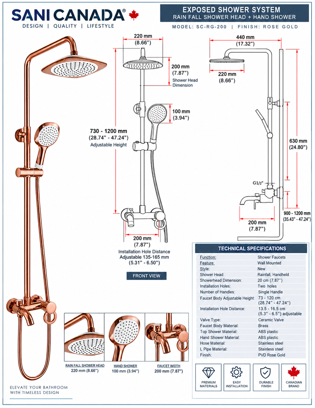 Rose GoLd polished exposed 3 way shower system kit