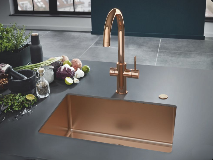 Rose Brushed Copper Undermount Single Bowl Kitchen Sink made of Commercial Grade 16-Gauge Stainless Steel.