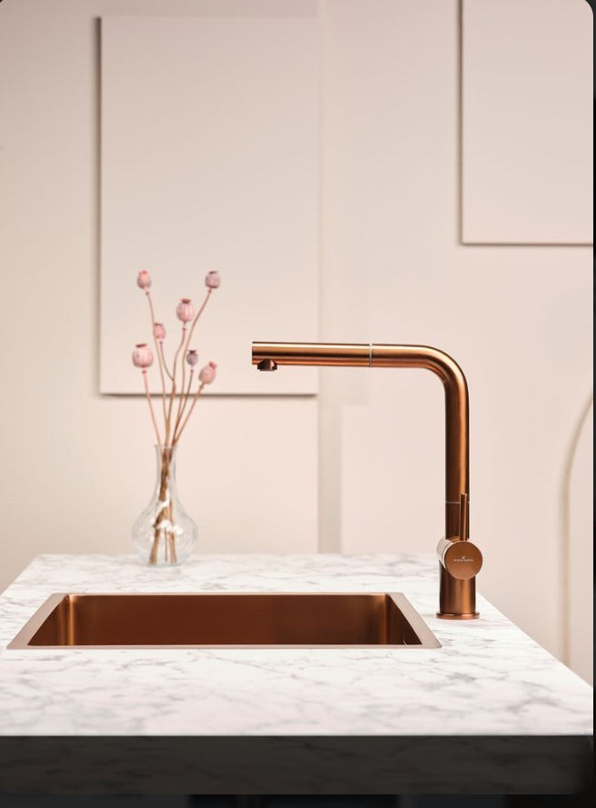Rose Brushed Copper Undermount Single Bowl Kitchen Sink made of Commercial Grade 16-Gauge Stainless Steel.