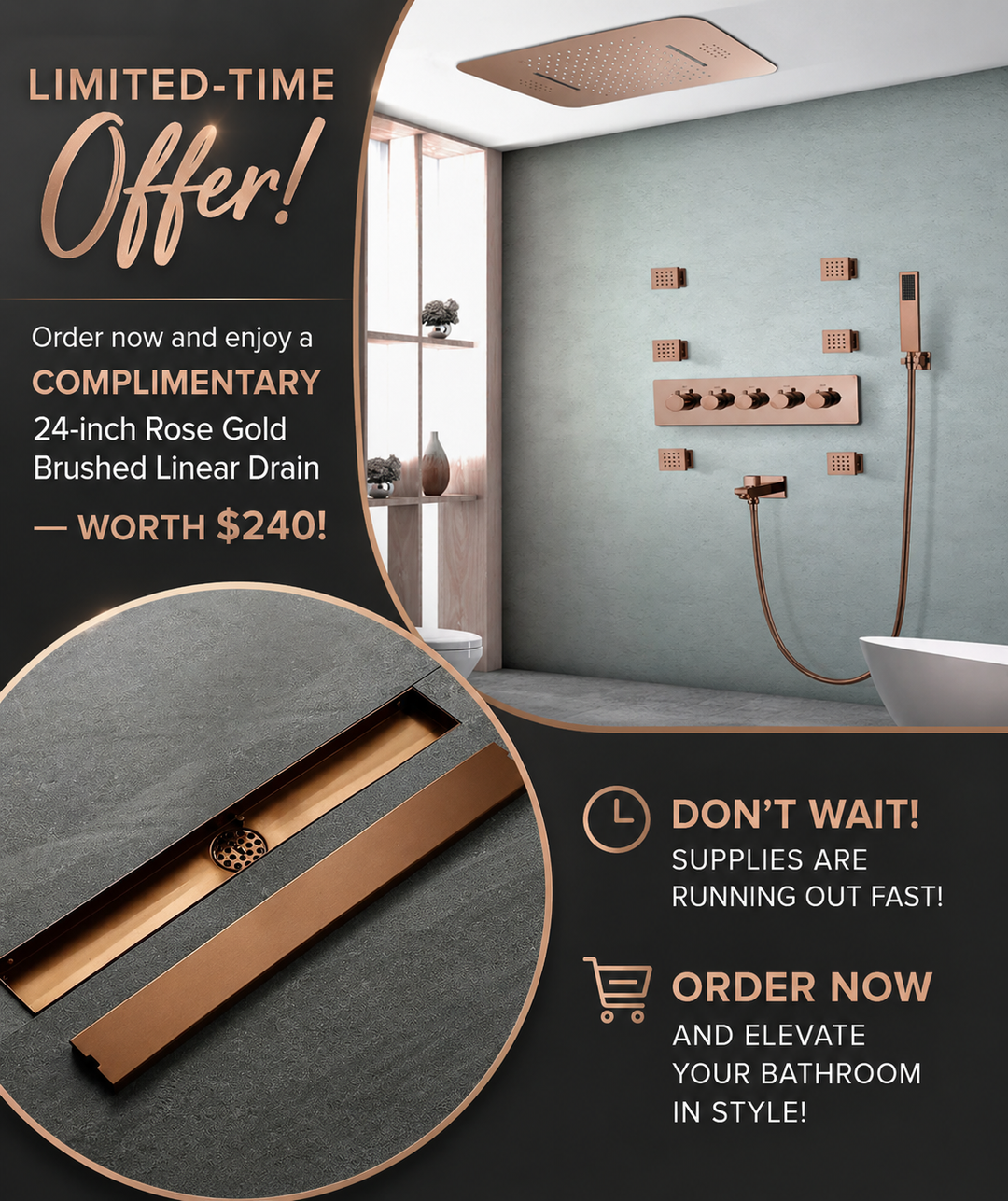 Santa Rosa-Rose Gold SPA LED Flush Mount 23"X15" shower system kit