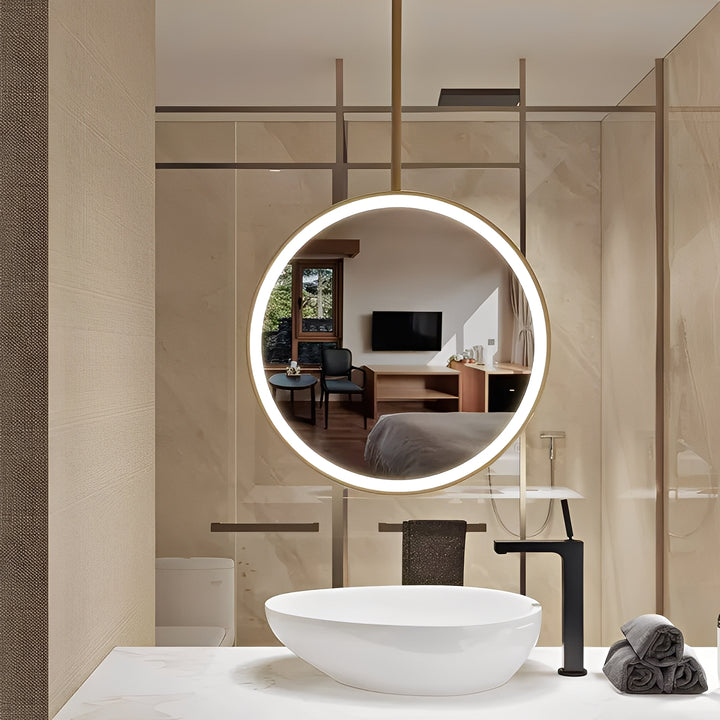 STOCK READY TO SHIP -Round Ceiling mount brushed gold LED mirror 28"