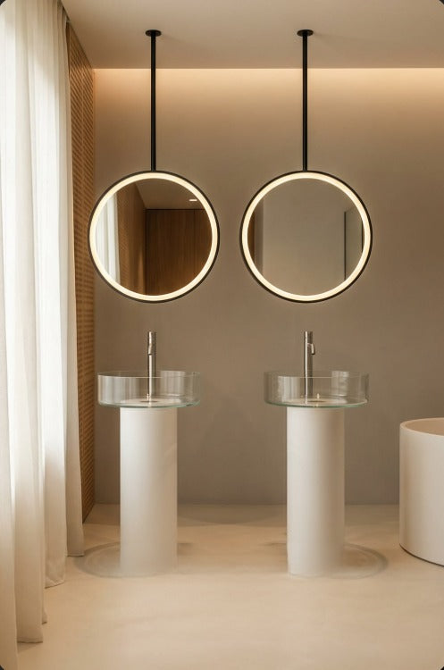 STOCK READY TO SHIP - Round Black Ceiling and Botton Suspended 1 Side LED Mirrors