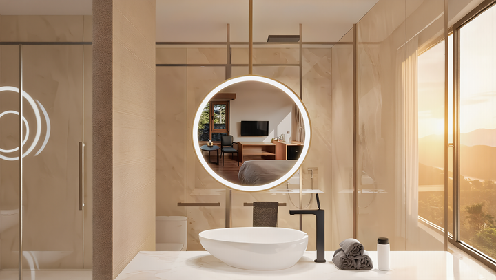 STOCK - Round Ceiling suspended brushed gold LED mirror 28"