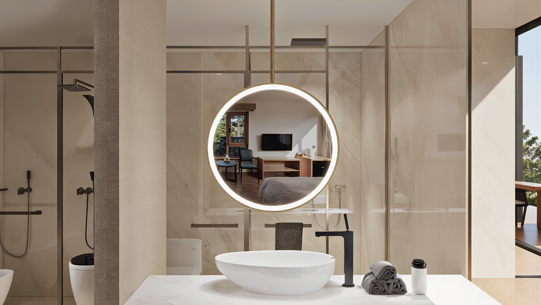 STOCK - Round Ceiling suspended brushed gold LED mirror 28"