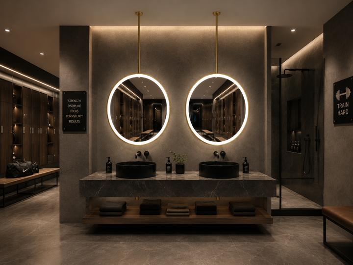 STOCK - Round Ceiling suspended brushed gold LED mirror 28"