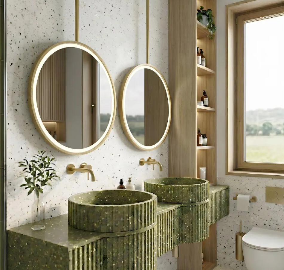 STOCK READY TO SHIP -Round Ceiling mount brushed gold LED mirror 28"