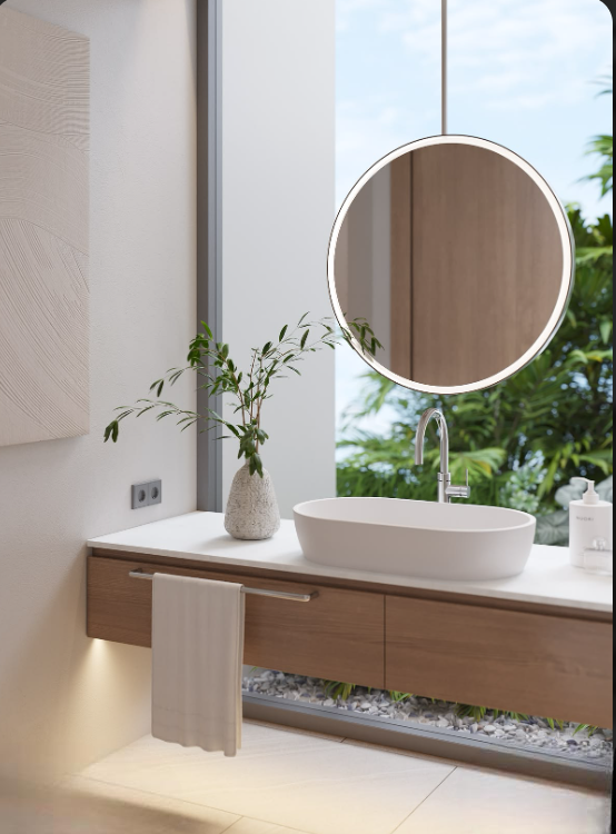 CUSTOM-ROMA - Round 1 Side Glass Suspended No LED Celing Mounted Pendant Bathroom Mirror
