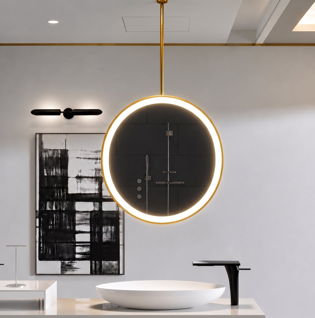 Miroir LED rond en or brossé pour montage au plafond