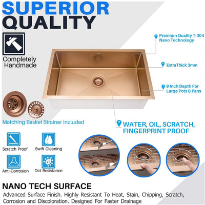 Brushed Gold-Rose Gold Corner 30" Inch stainless steel single bowl undermount kitchen sink 16 gauge