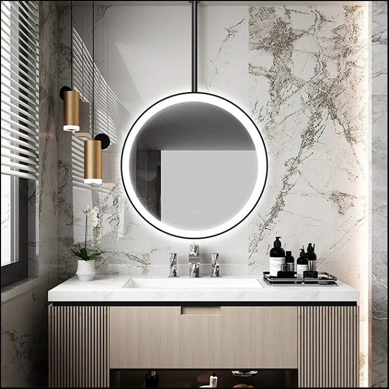 STOCK- Black Round Ceiling Suspended 1 side LED Mirrors