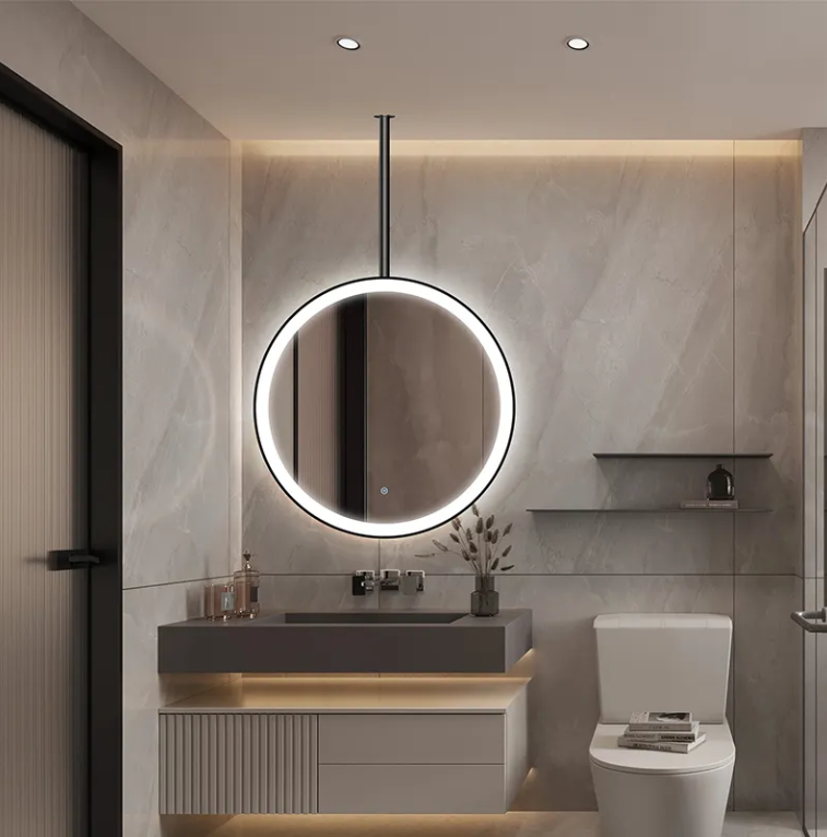 STOCK- Black Round Ceiling Suspended 1 side LED Mirrors