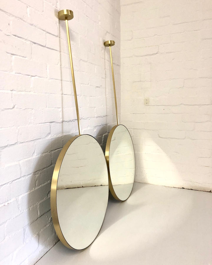 CUSTOM- ROUND-BRUSHED GOLD- DOUBLE SIDED MIRRORS WITH NO LED Celing Mounted Pendant Bathroom Mirrors