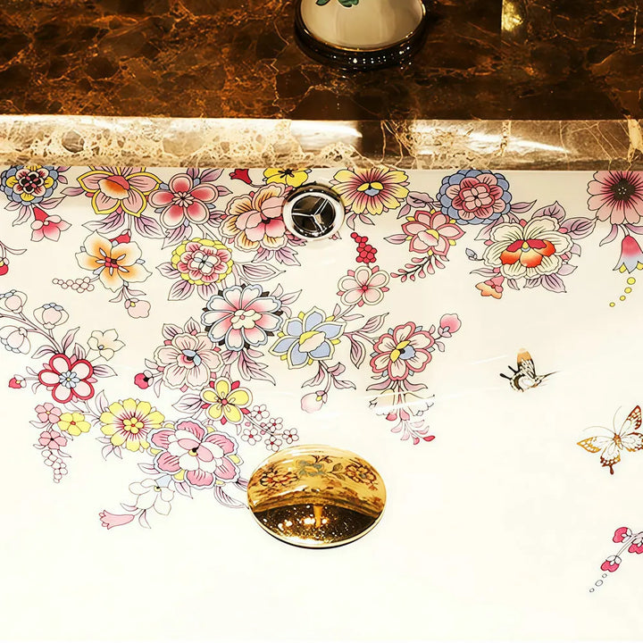 Victorian Artisan  Artistic Home Decoration Blooming Flowers Rectangular Under Counter Ceramic Wash Basin Drop-in Bathroom Vanity Sink