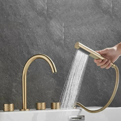 MTTUZK Brass Brushed Gold Round Handle Bathtub Faucet Shower Mixer 5 Hole Bath Faucet Gun Grey Split Bathtub Faucets 5PCS Set