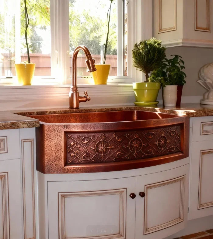 Old World Style Custom Handmade Copper Farmhouse Sink Single Bowl Curve Apron Front Hand Hammer Design Kitchen Basin