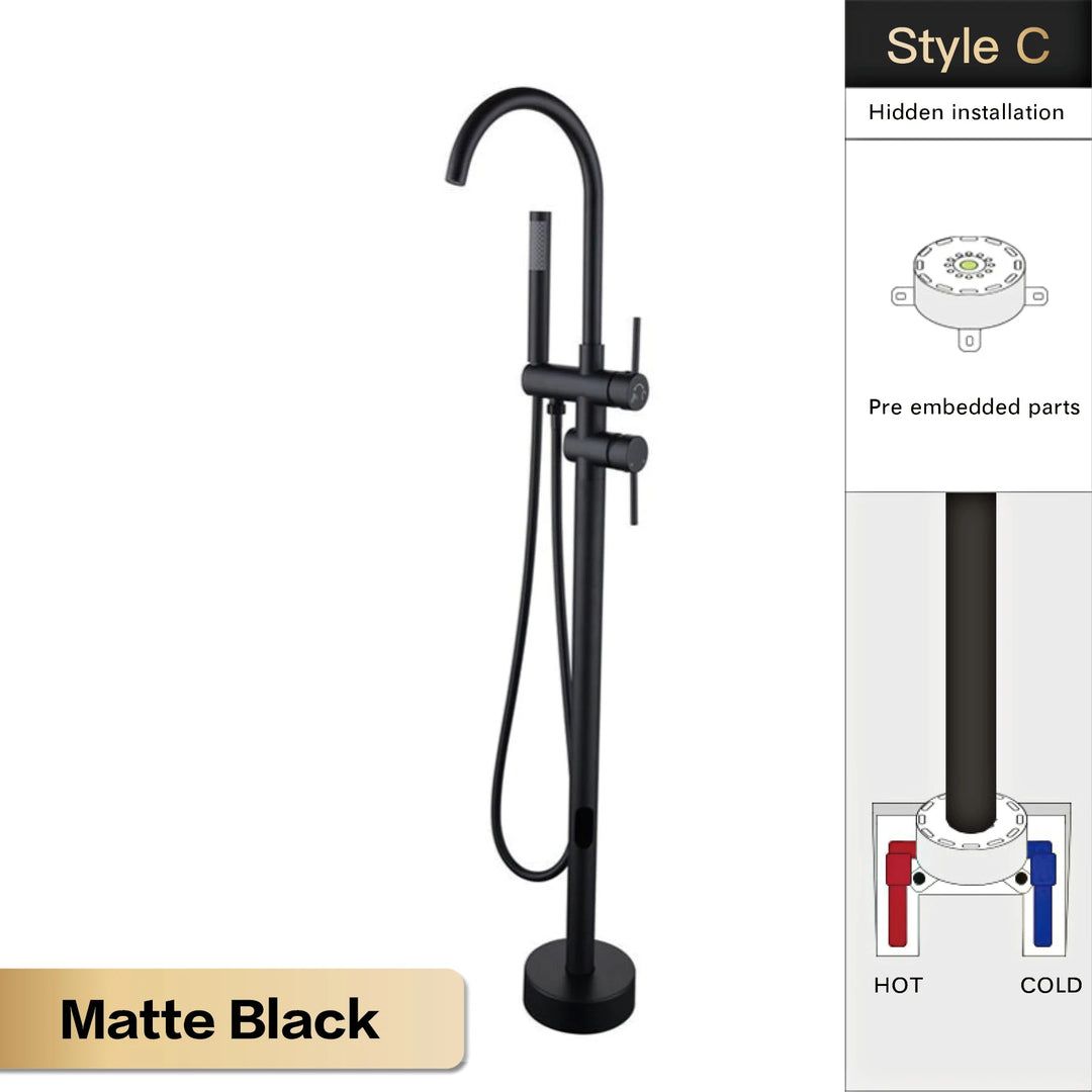 Zig- Brass Bathroom Freestanding Bathtub filler faucet. Floor Standing Design with Simple 2 Handle Hot and Cold Bathtub and Dual-Mode Faucet