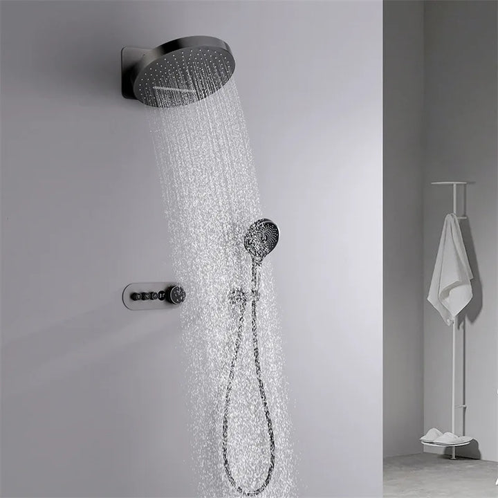 Hanz-Rainfall Shower Set Wall Mounted Gray Thermostatic Shower Faucet Set Digital Display Bathroom Bath & Shower Mixer Tap Brass
