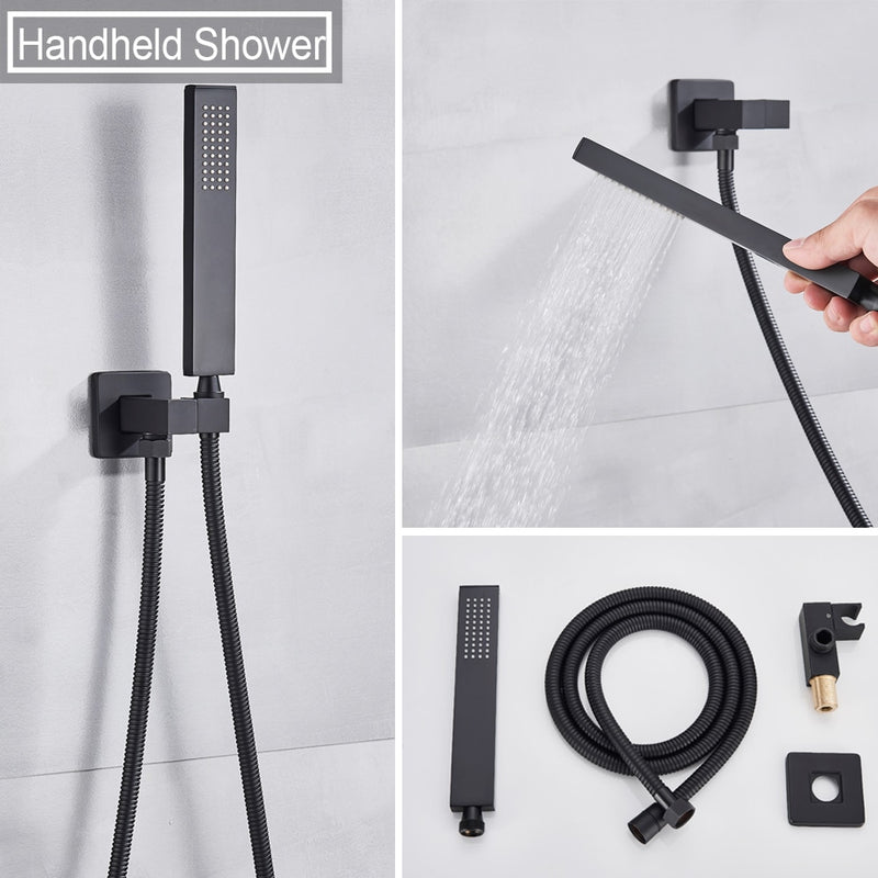 Black Square 3 way function diverter thermostatic shower with hand spray and 6 spa body jets shower set