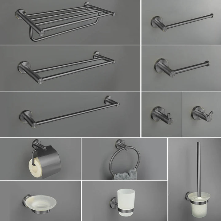 Gray Gun Metal Bathroom Hardware Accessories Cup Rack Towel Rack Toilet Brush Bath Towel Rack Roll Rack Towel Bar Hook Bathroom Wall Rack