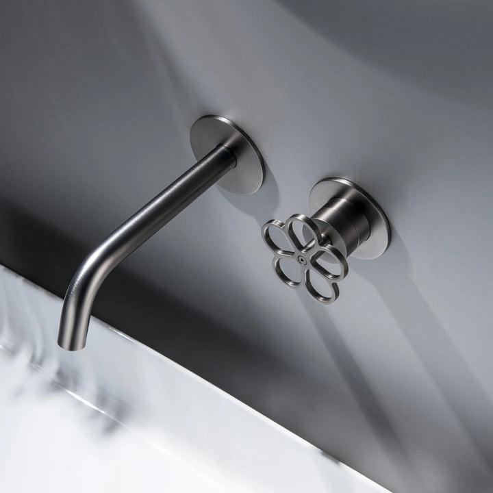 Apollonia-Wall Mounted Bathroom Basin Faucet with Plum Handle Hot Cold Water Mixer Tap