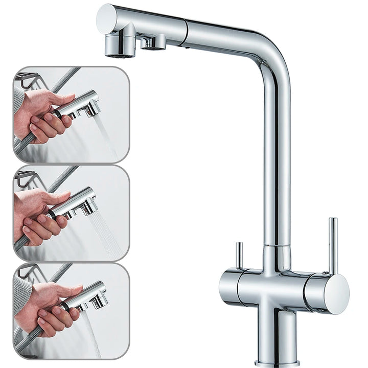 NORWAY 3-Filtered Kitchen Sink Faucet with Pull Down Sprayer 2 Handle 3 in 1 Water Filter Purifier Faucet Dual Sprayer Drinking Water Tap