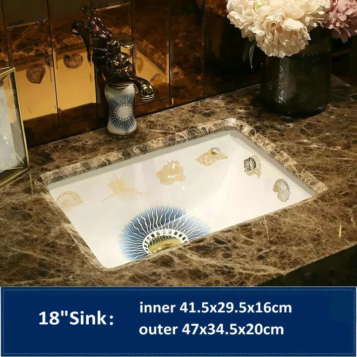 Victorian Artistic Ocean Breeze Rectangular Undercounter Wash Basin Mediterranean Styles Ceramic Drop-in Bathroom Sink