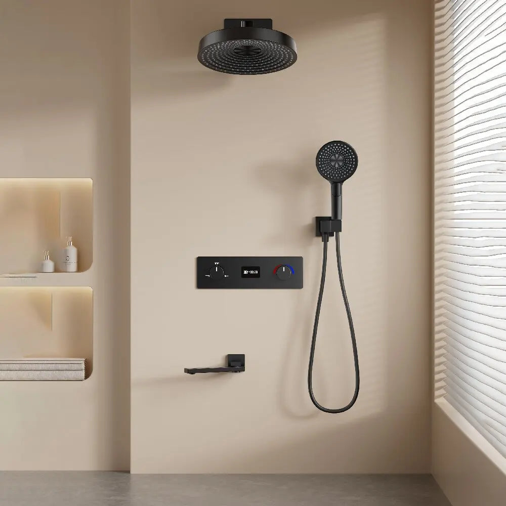 Round Thermostatic Bathroom Shower Faucet In Wall Black  Bath and Shower Faucet Set  Thermostatic Mixer Bath and Rainfall Shower
