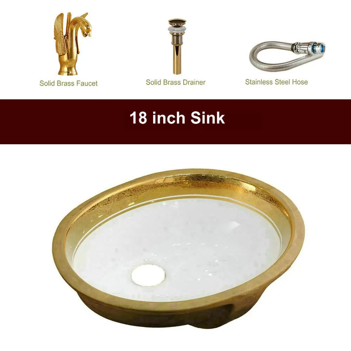 Victorian Luxury Gold Trim Oval Under Counter Basin Oval Undermount Bathroom Sink with Electroplated Gold Rim and Overflow