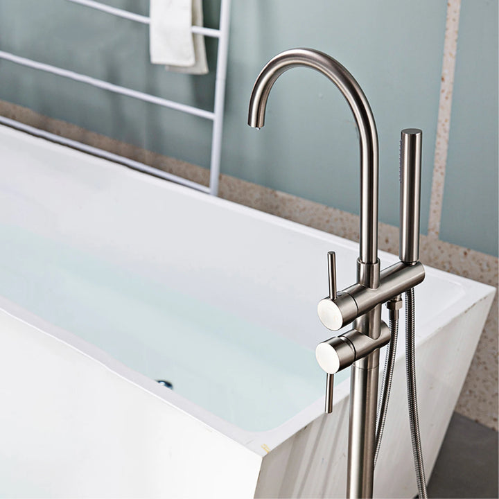 Zig- Brass Bathroom Freestanding Bathtub filler faucet. Floor Standing Design with Simple 2 Handle Hot and Cold Bathtub and Dual-Mode Faucet